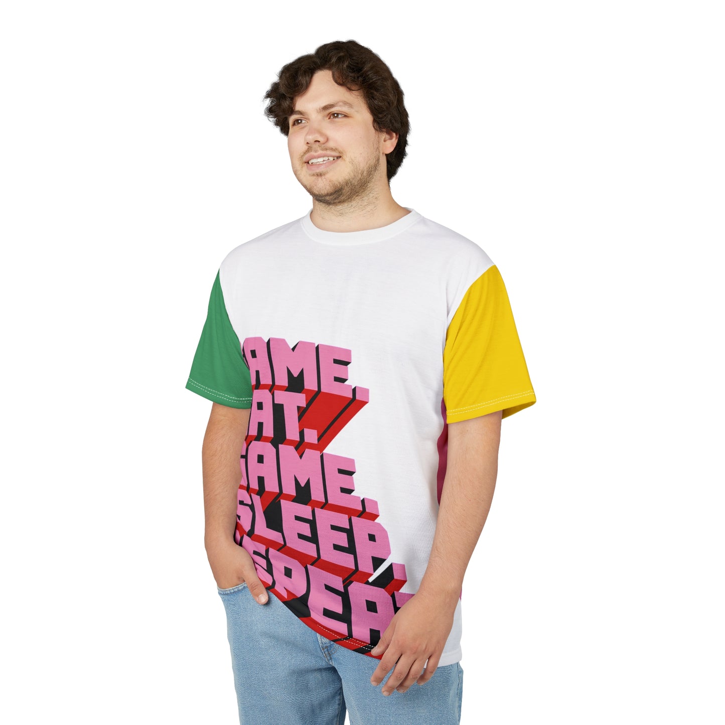 Male model wearing retro graphic Eat Sleep Game Repeat gamer t-shirt