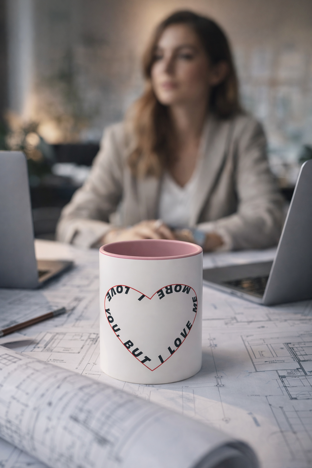 Lifestyle photo: woman working with Pink Interior “I Love You But I Love Me More” coffee mug on desk