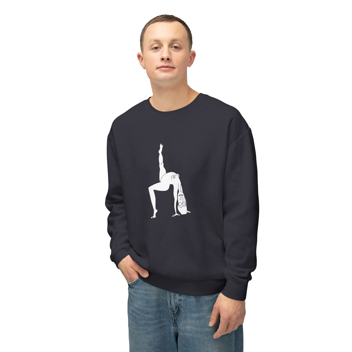 Model wearing a black Elastika Girl crewneck sweatshirt with white line art graphic, paired with blue jeans.