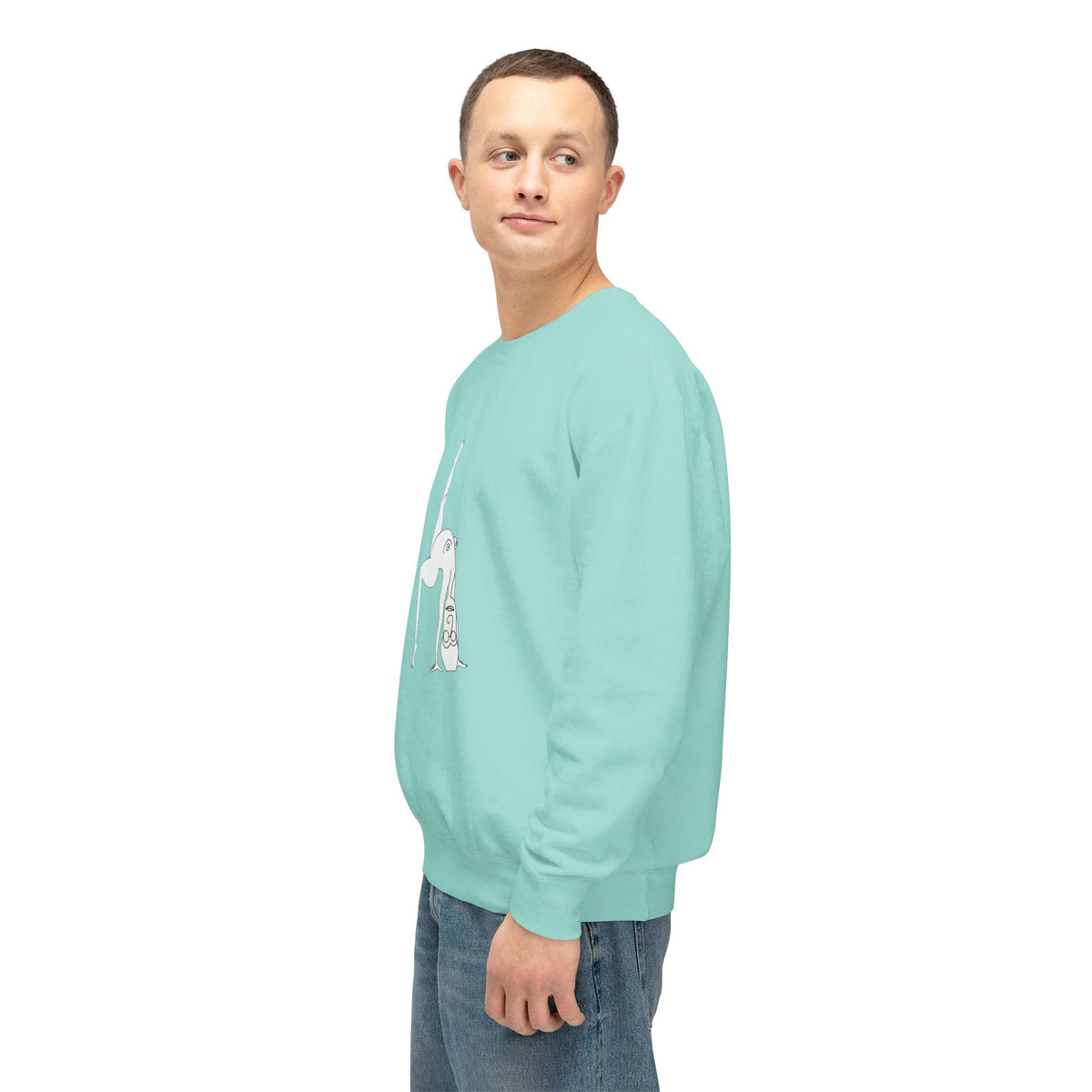 Model wearing the Chalky Mint Elastika Girl unisex graphic sweatshirt, shown from a side angle.