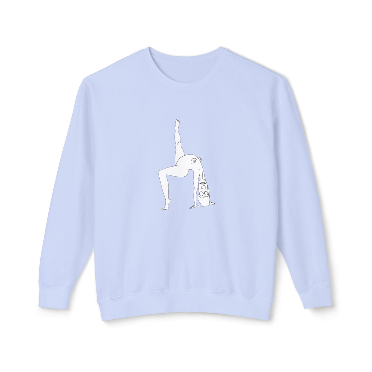 Front view of the Hydrangea blue Elastika Girl unisex graphic sweatshirt with white line art illustration.