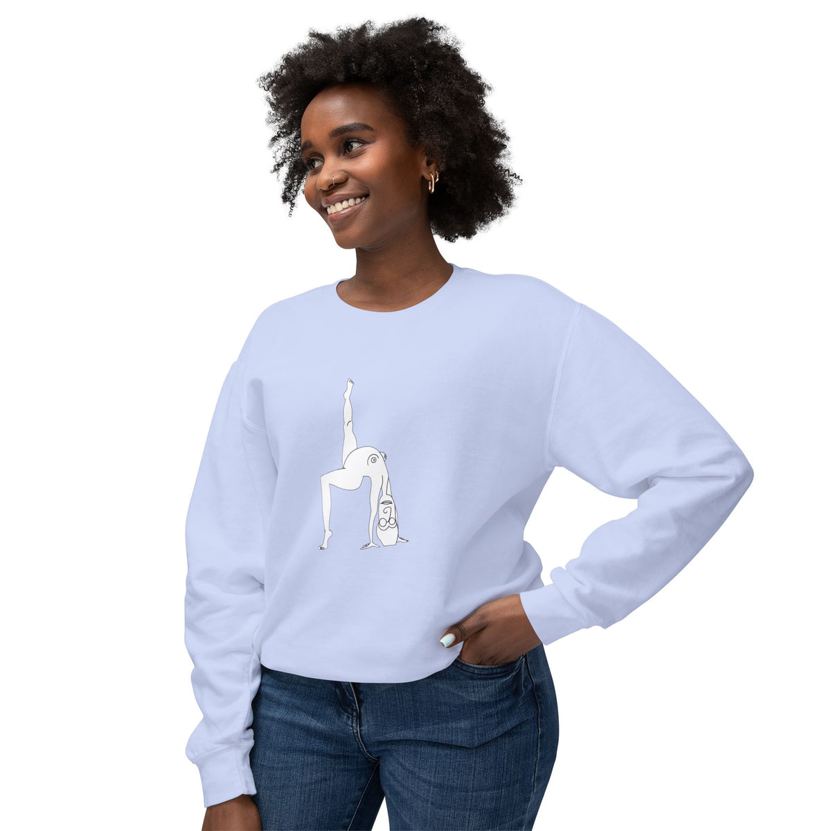 Smiling woman wearing a Hydrangea blue Elastika Girl unisex crewneck sweatshirt with minimalist white artwork.