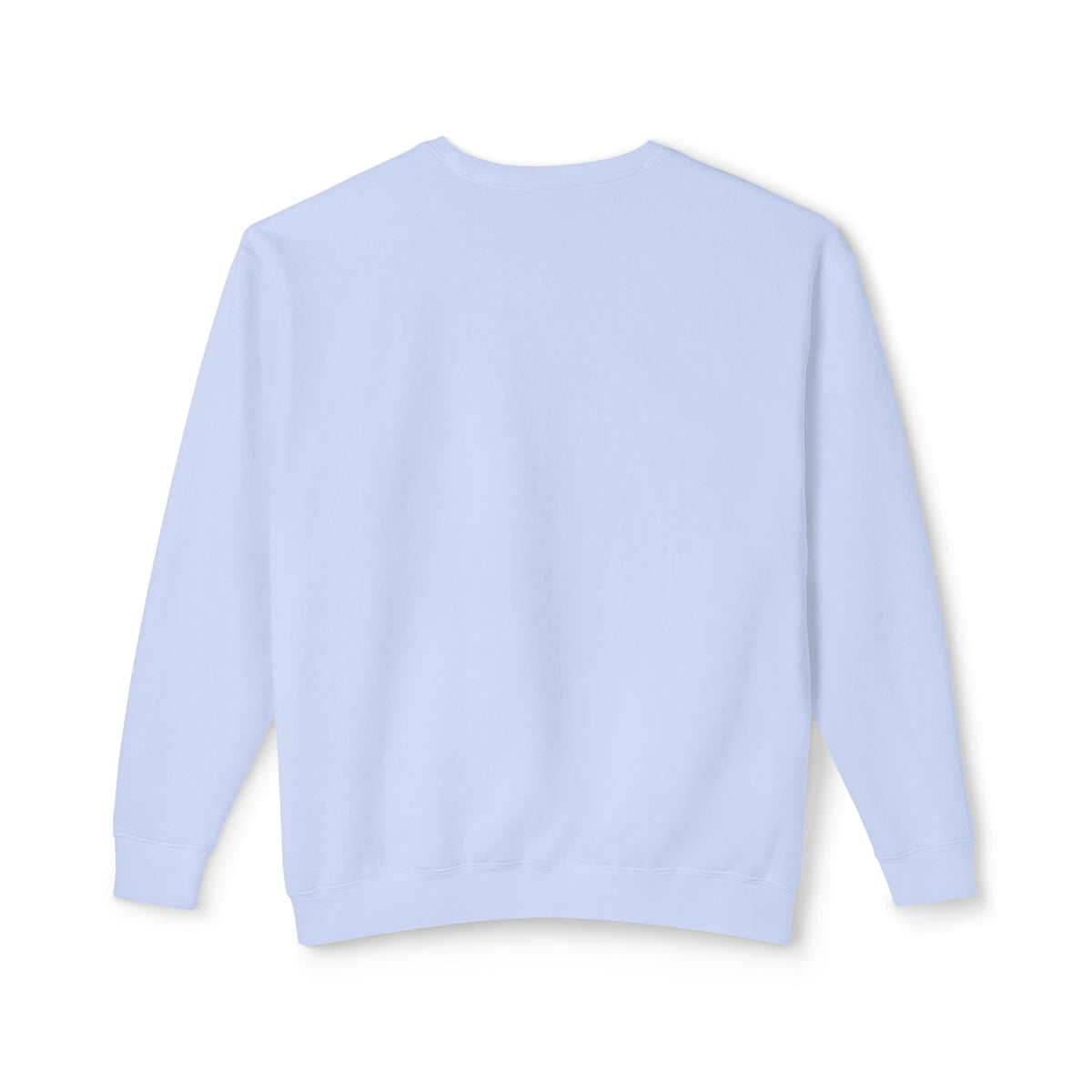 Back view of the Hydrangea blue Elastika Girl crewneck sweatshirt showing the plain back and ribbed details.