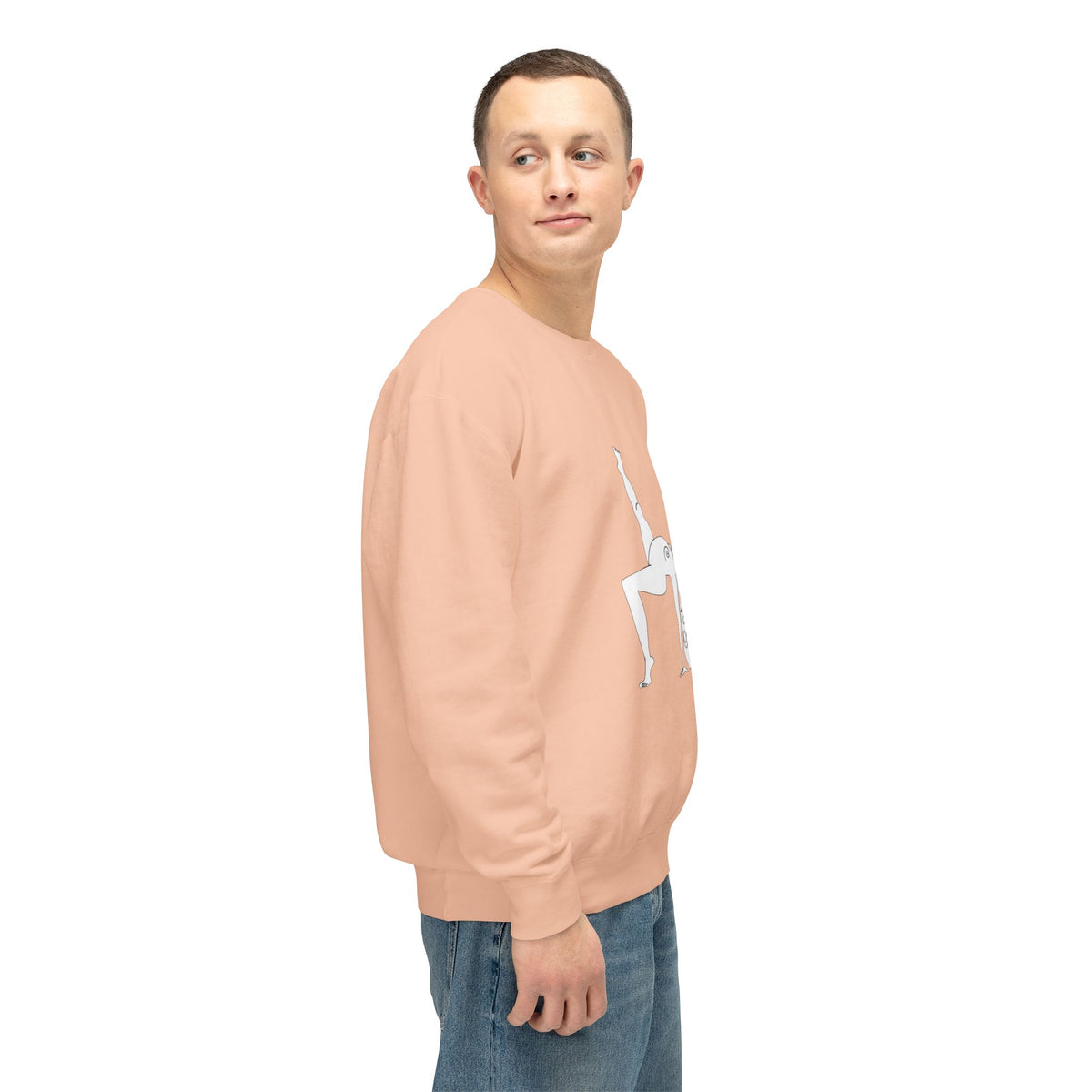 Side view of a model wearing the Peachy Elastika Girl unisex sweatshirt with original line art design.
