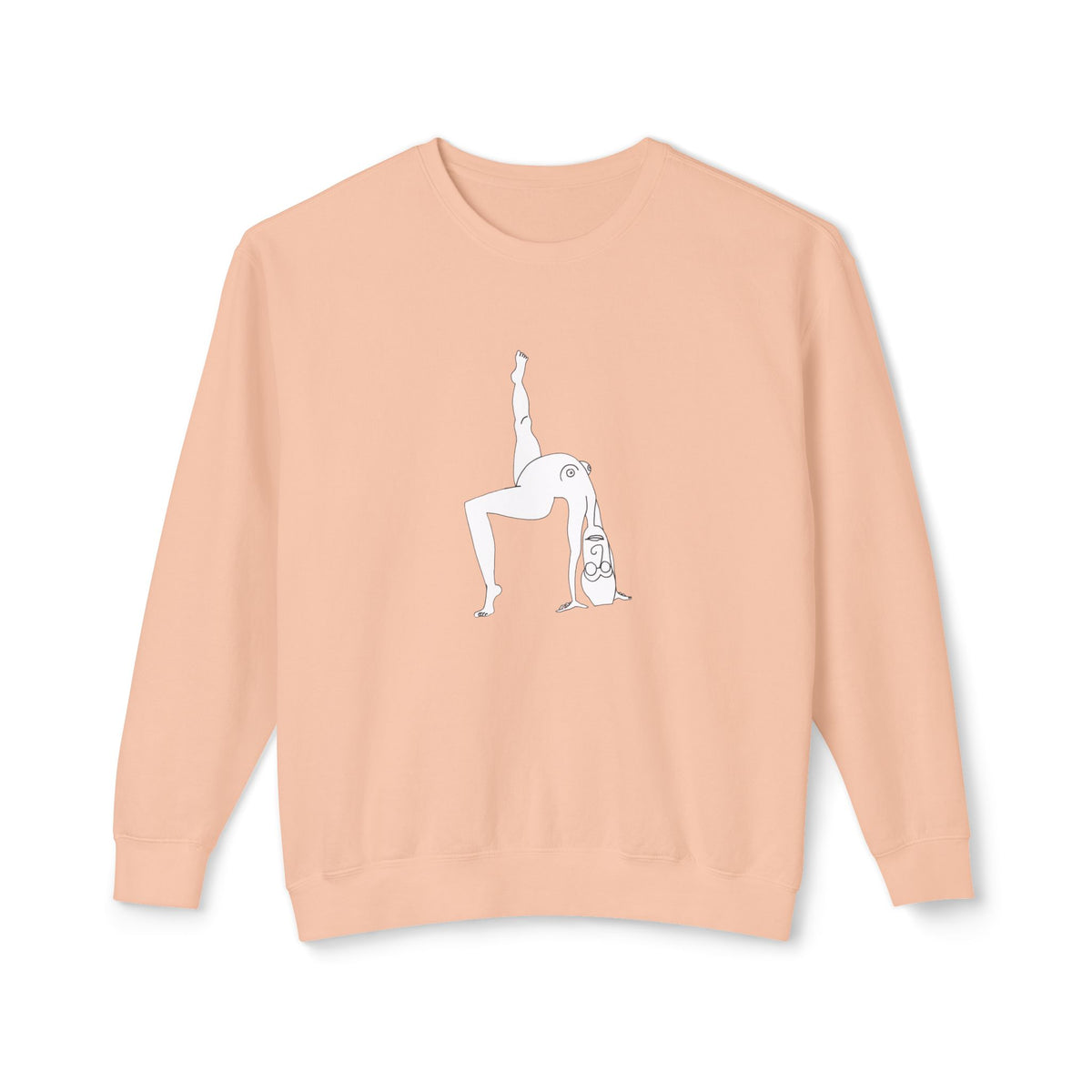 Peachy Elastika Girl graphic crewneck sweatshirt featuring a white minimalist illustration at the center.