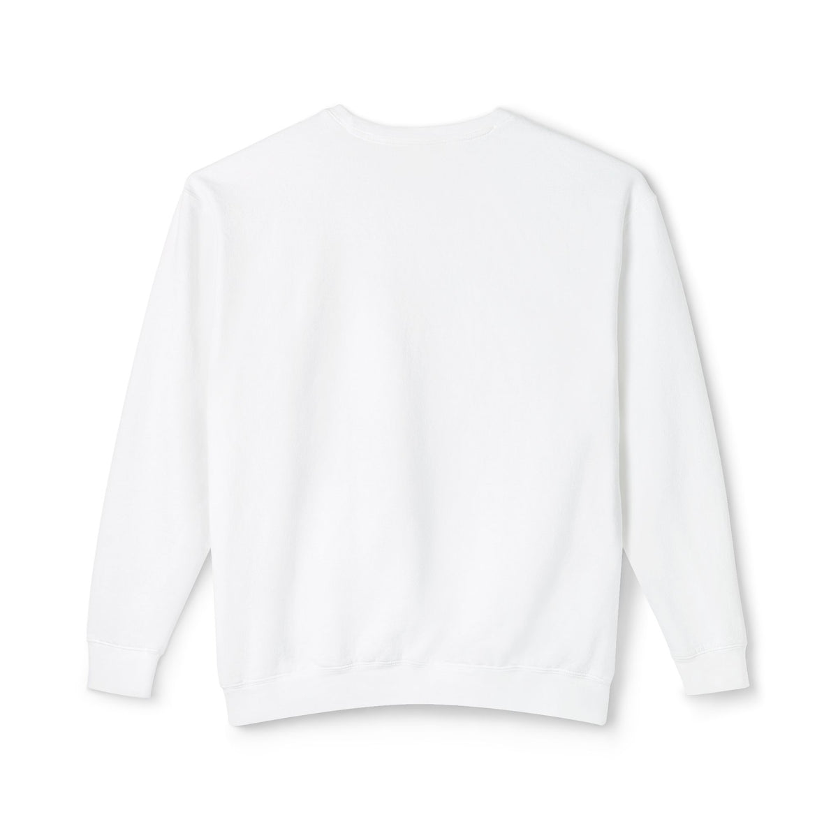Back view of the white Elastika Girl unisex crewneck sweatshirt with plain fabric and ribbed cuffs.