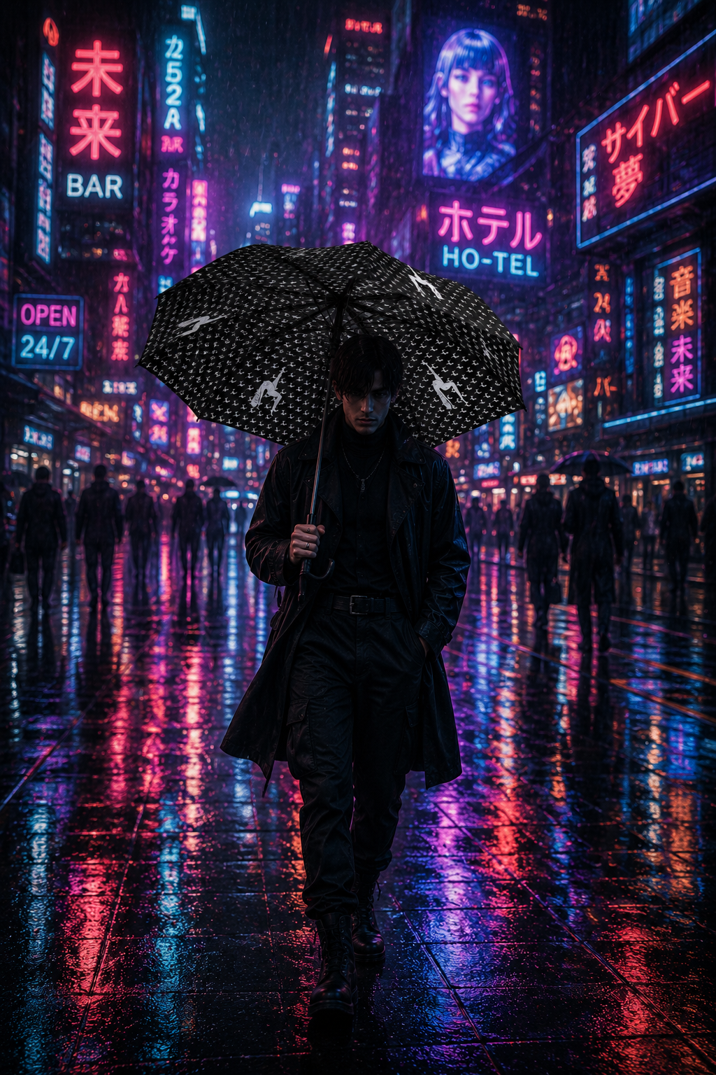 Person walking through a neon-lit rainy city carrying the Elastika artistic black-and-white umbrella