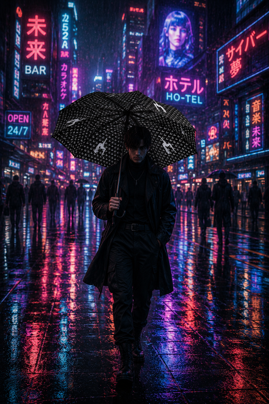 Person walking through a neon-lit rainy city carrying the Elastika artistic black-and-white umbrella
