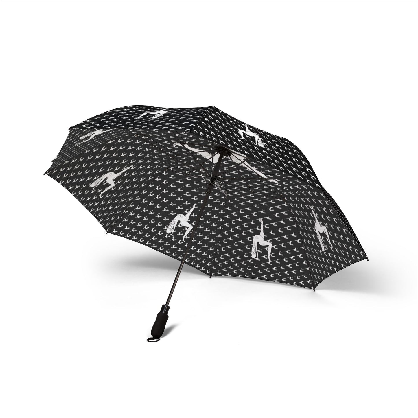 Angled floating view of Elastika umbrella featuring monochrome illustrated figure artwork