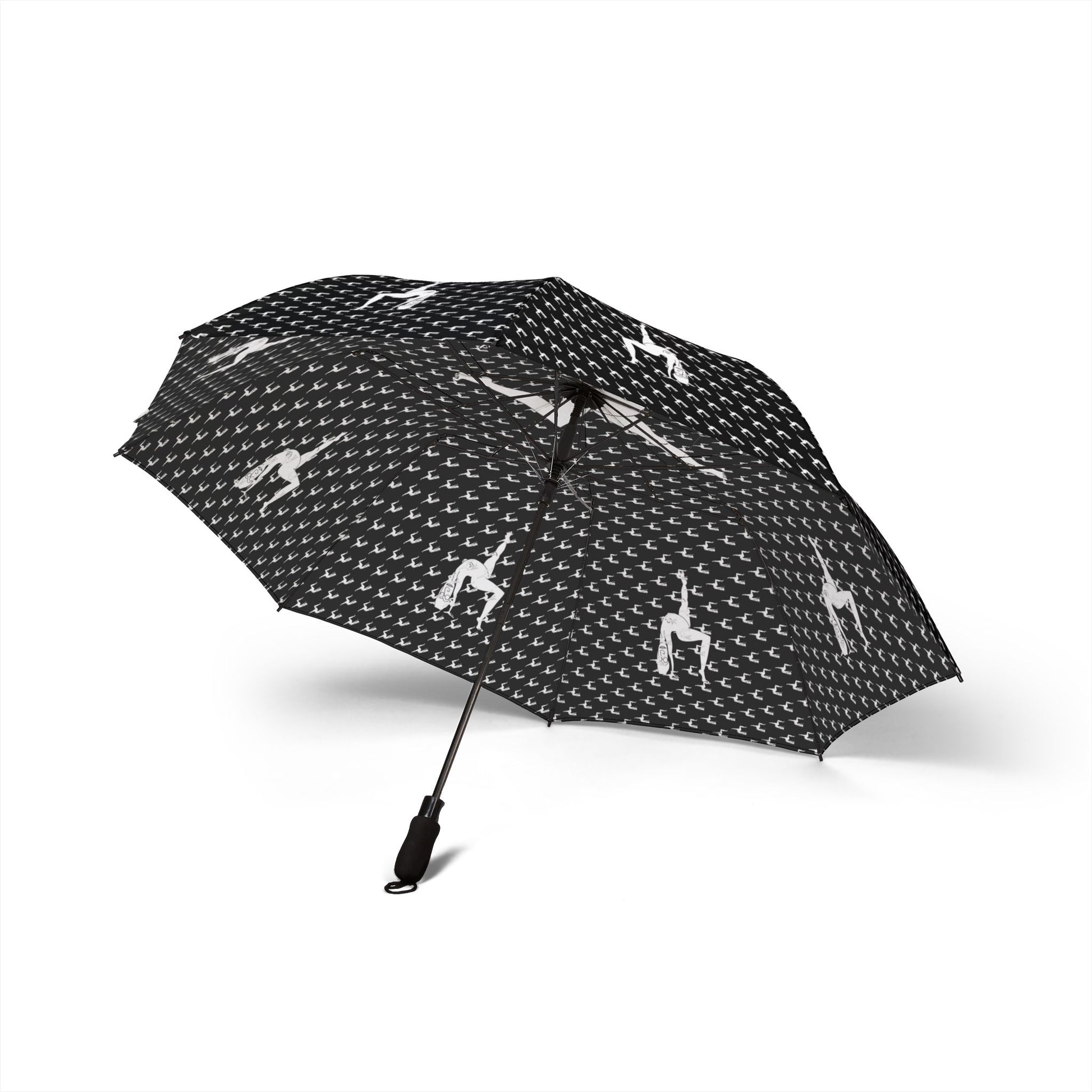 Angled floating view of Elastika umbrella featuring monochrome illustrated figure artwork