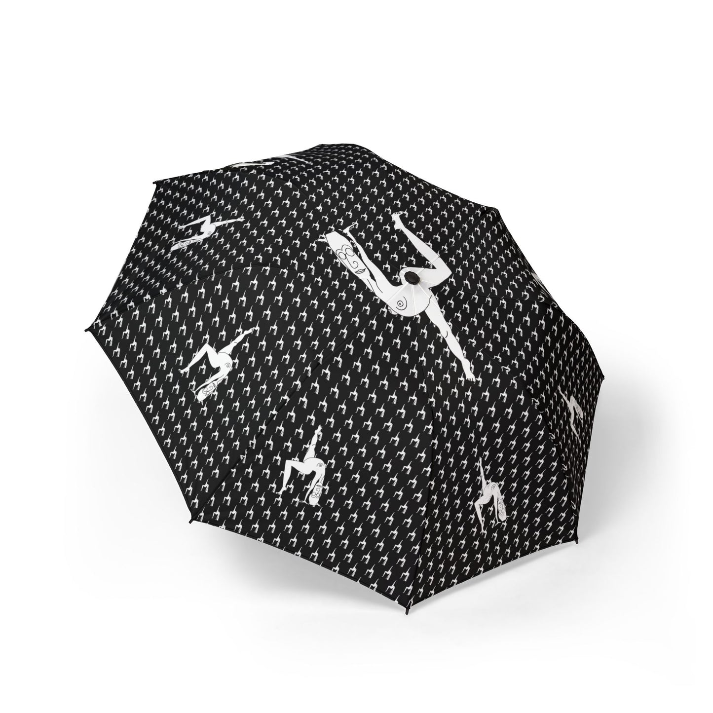 Open Elastika umbrella featuring artistic monochrome sketch-style graphics