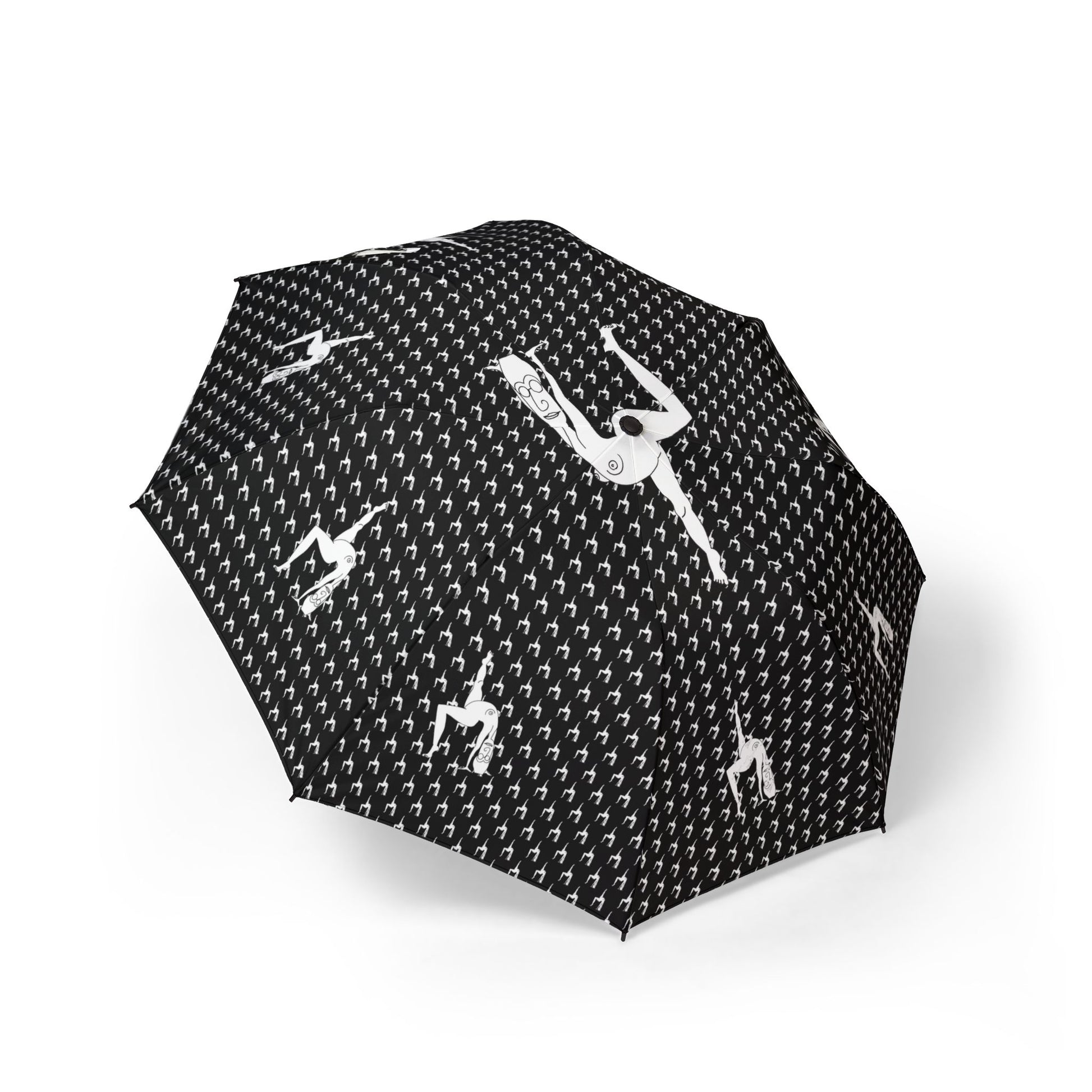 Open Elastika umbrella featuring artistic monochrome sketch-style graphics