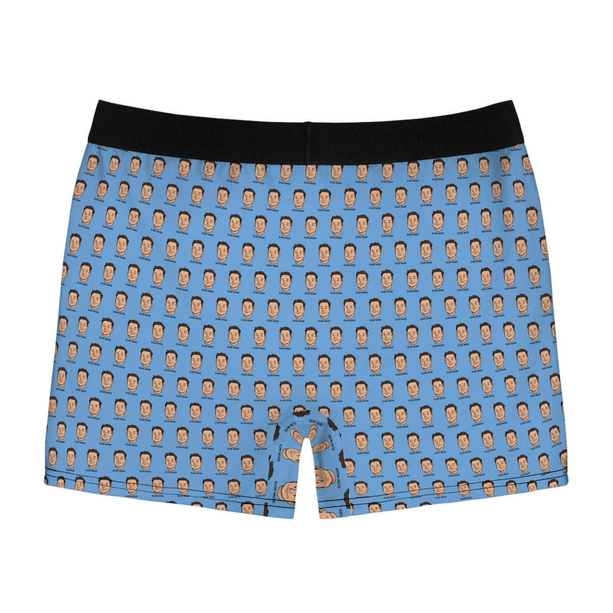 Back view of Elon Musk boxer briefs with blue all-over graphic print and black waistband.