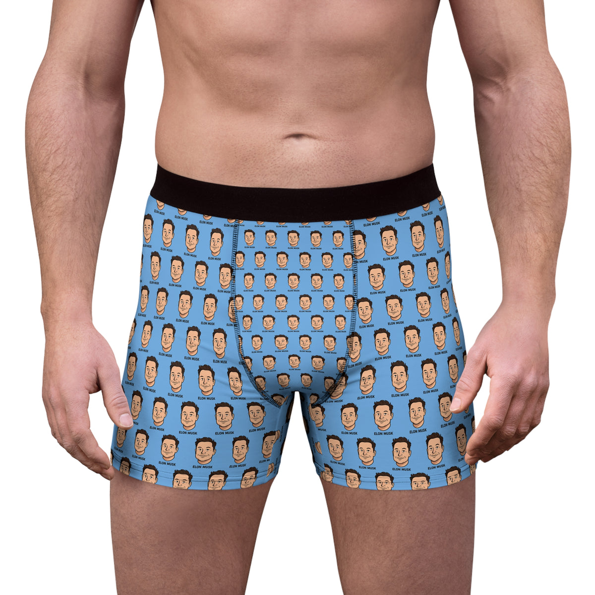 Male model wearing Elon Musk graphic boxer briefs shown from the front.