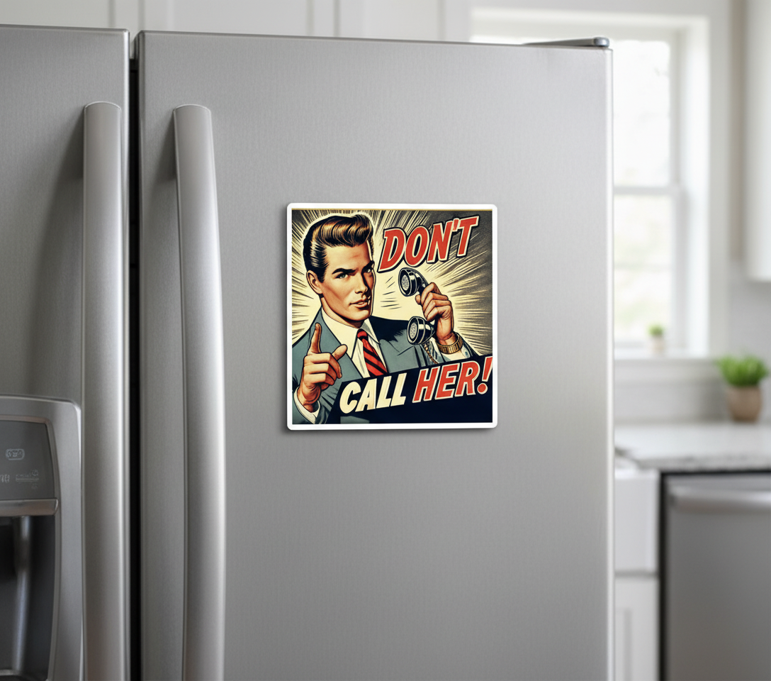 Retro pop art magnet reading “Don’t Call Her” displayed on a silver refrigerator