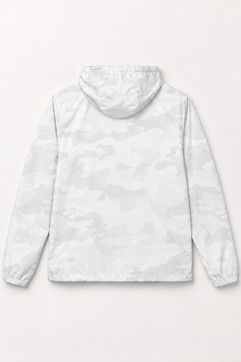 Essential Lightweight Windbreaker Jacket in White Camo, back flat lay view