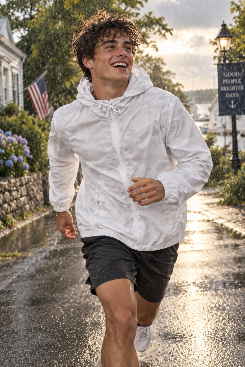 Male wearing the Essential Lightweight White Camo Windbreaker Jacket while running in summer rain