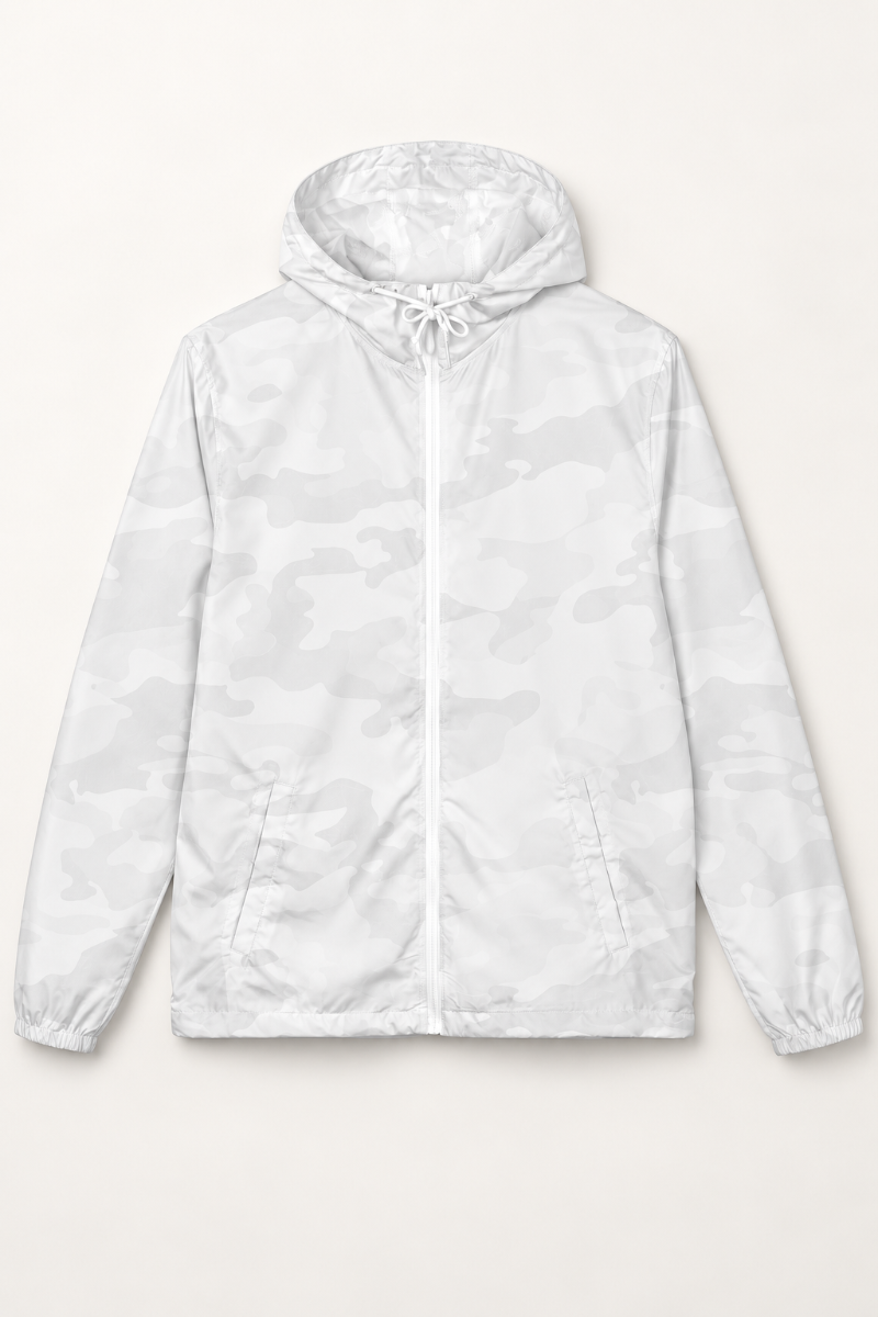 Essential Lightweight Windbreaker Jacket in White Camo, front flat lay view