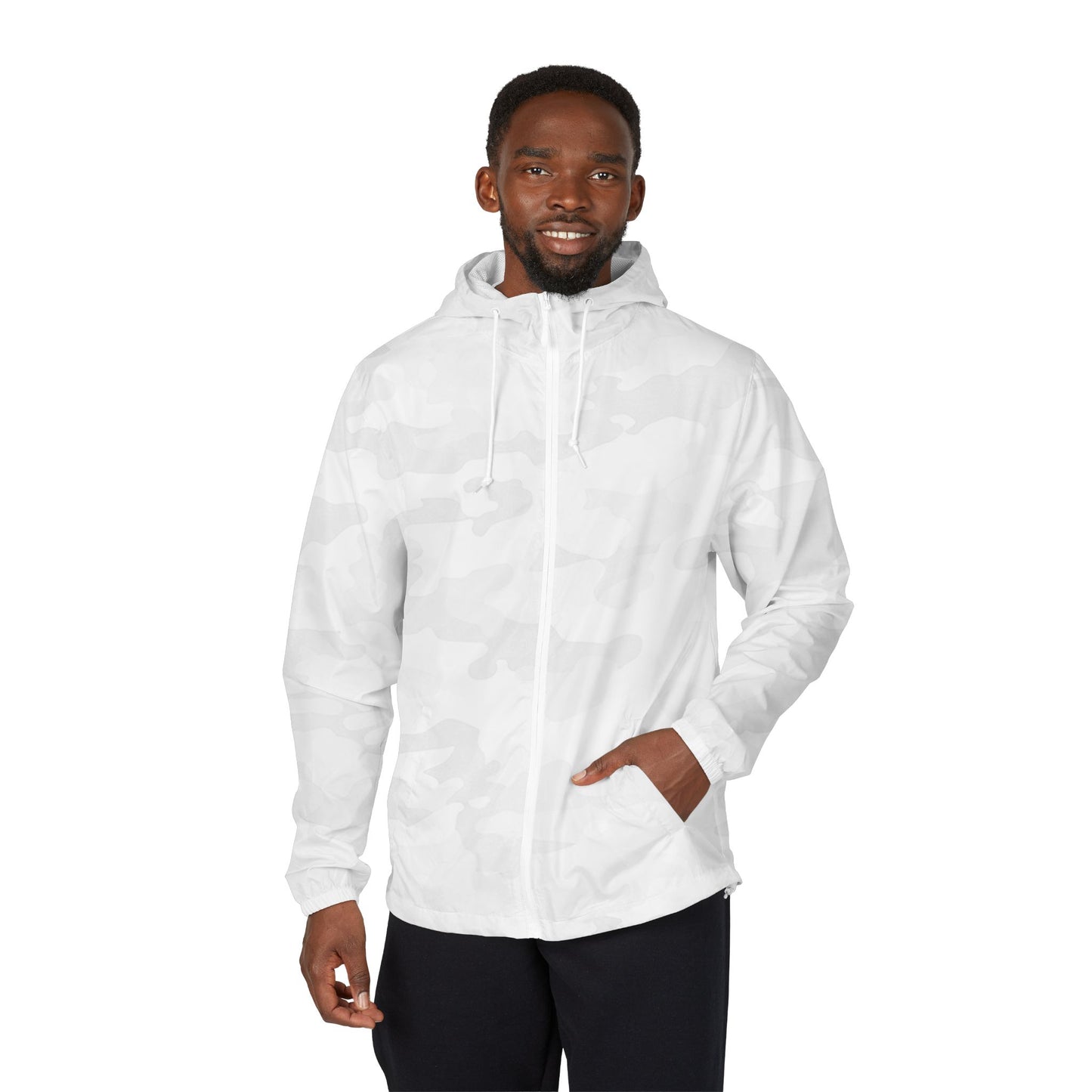 Man wearing the Essential Lightweight White Camo Windbreaker Jacket, front view