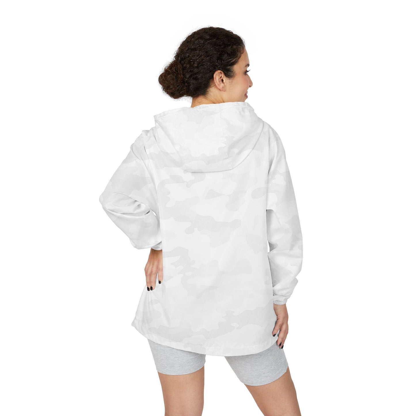 Woman wearing the Essential Lightweight White Camo Windbreaker Jacket, back view