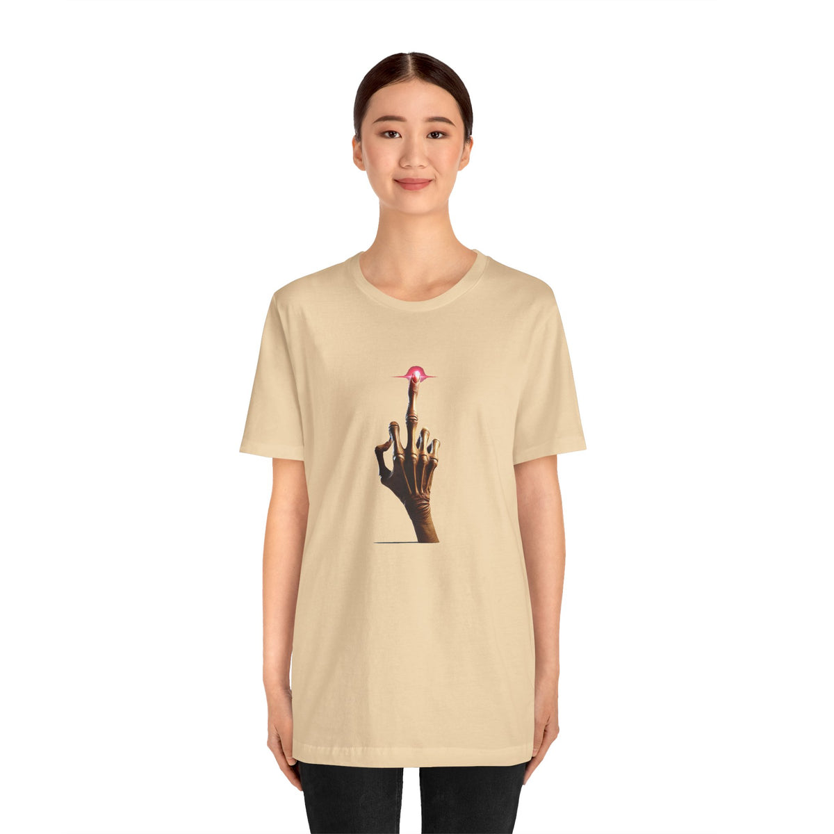 Woman in beige E.T Unisex T-Shirt against white background