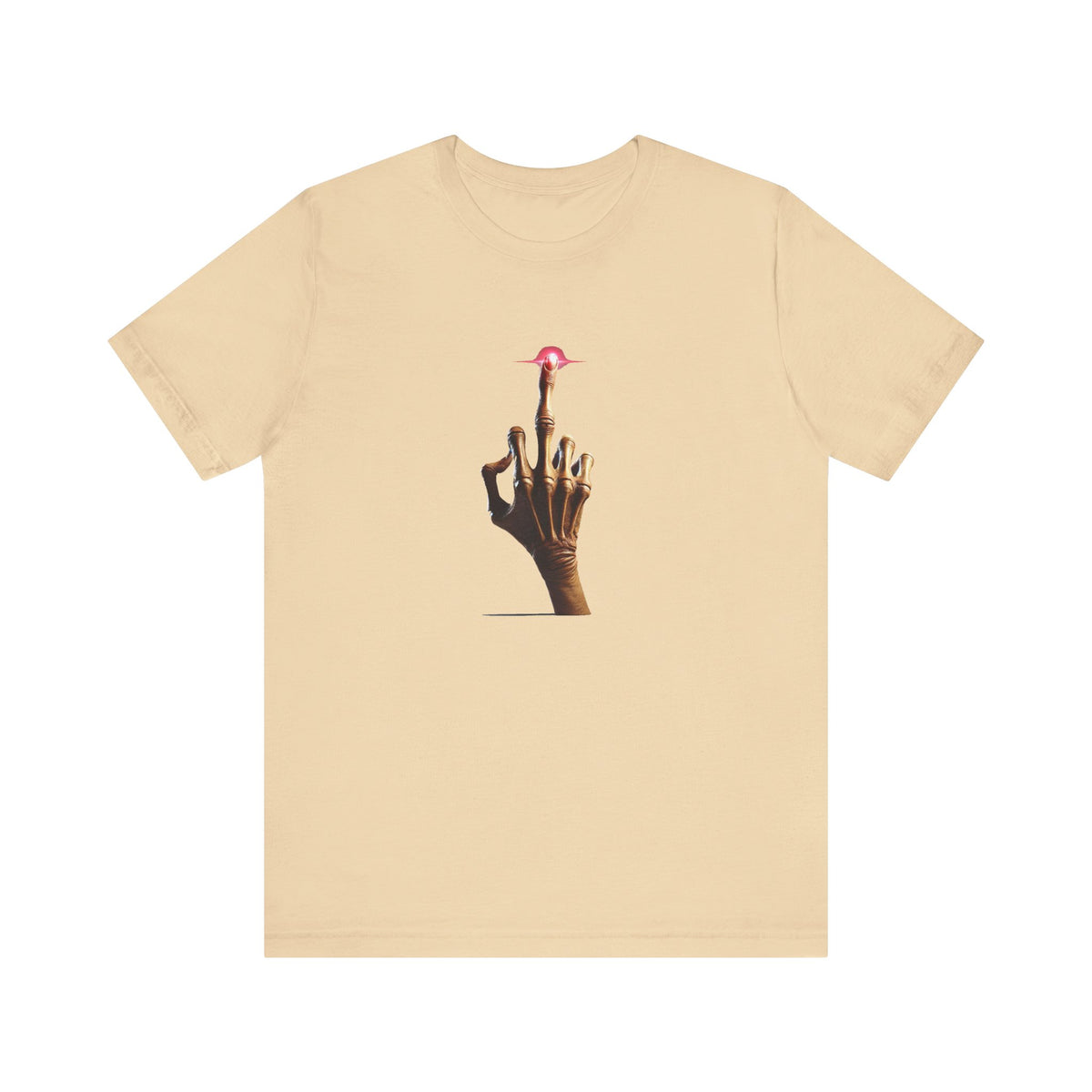 Front view of a cream alien middle finger T-shirt with a small glowing pink fingertip detail.