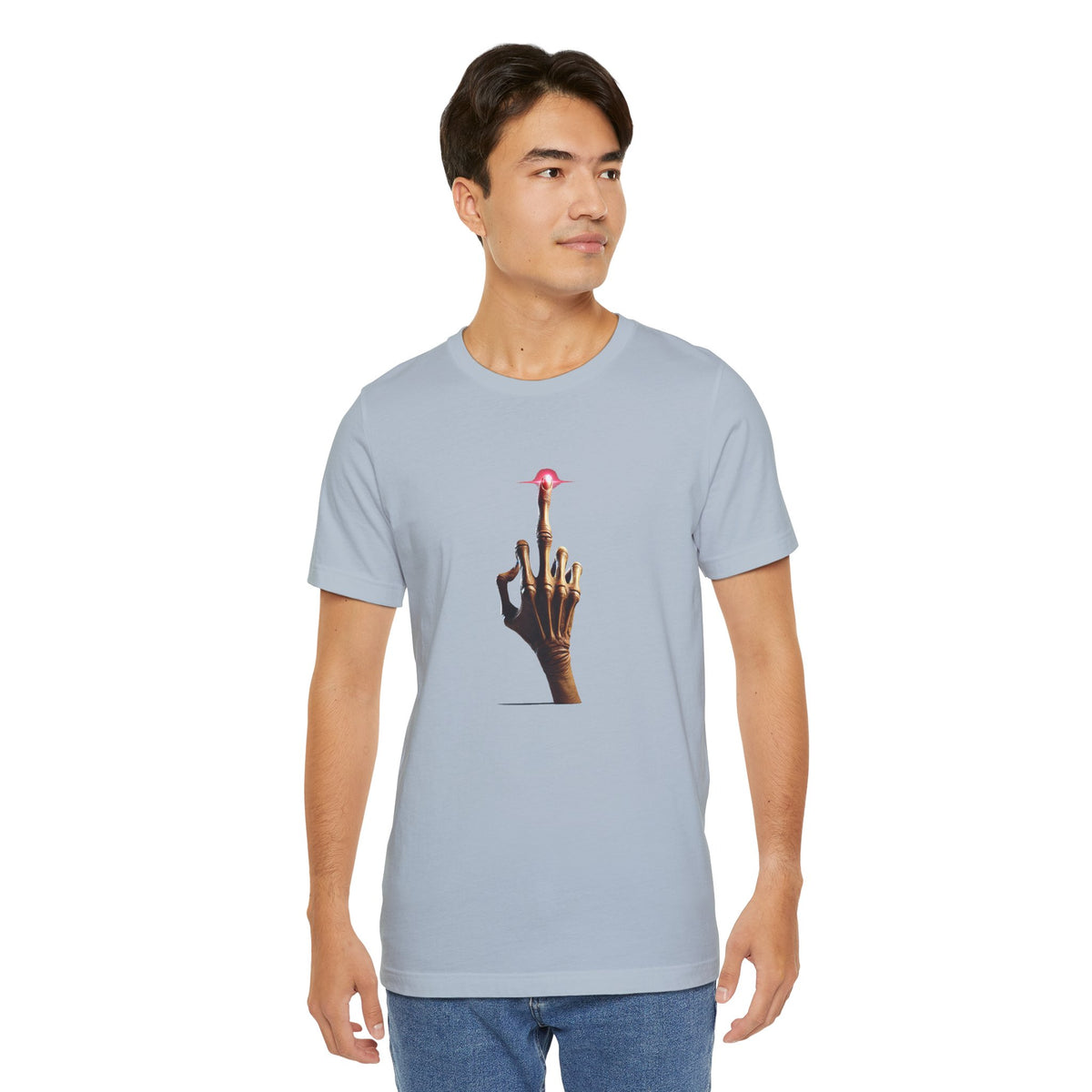 Man modeling a light blue T-shirt featuring an alien hand with a raised middle finger and glowing pink tip.