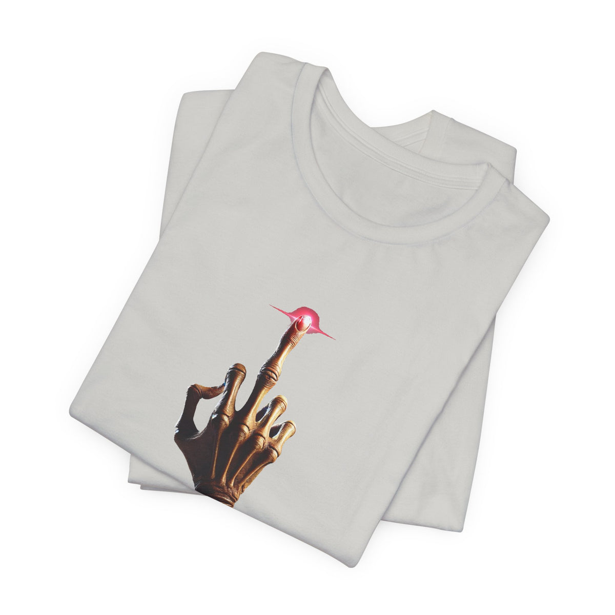 Folded light gray T-shirt showing the alien hand graphic and glowing pink fingertip.