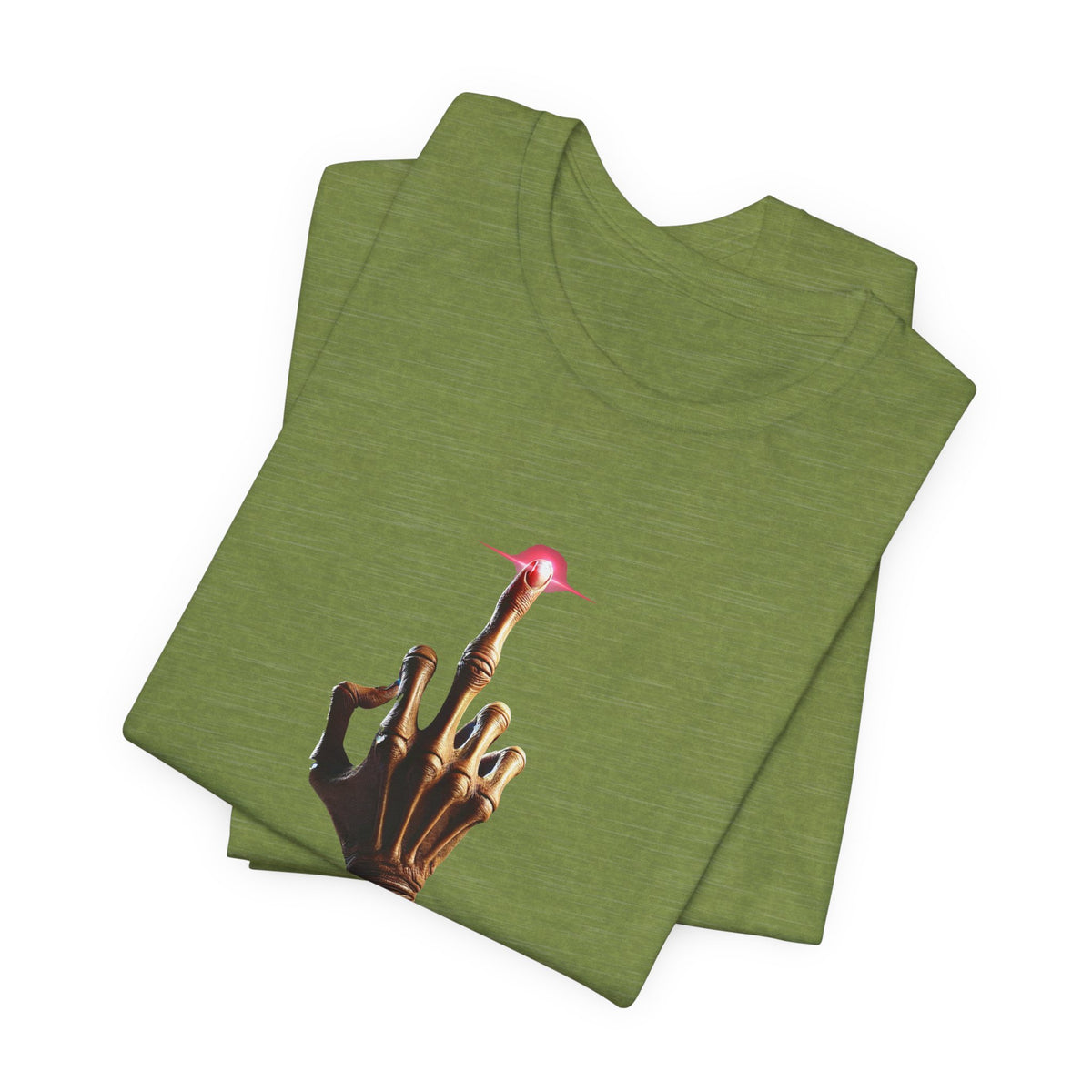 Folded olive green T-shirt featuring a detailed alien hand with a raised middle finger and pink fingertip.