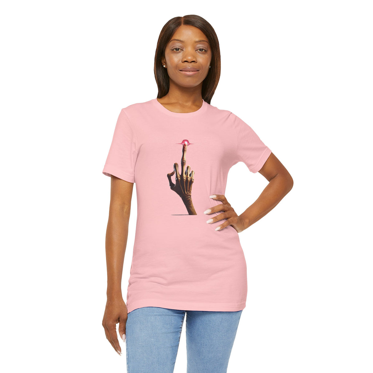 Woman wearing a pink alien middle finger graphic T-shirt with one hand on her hip.