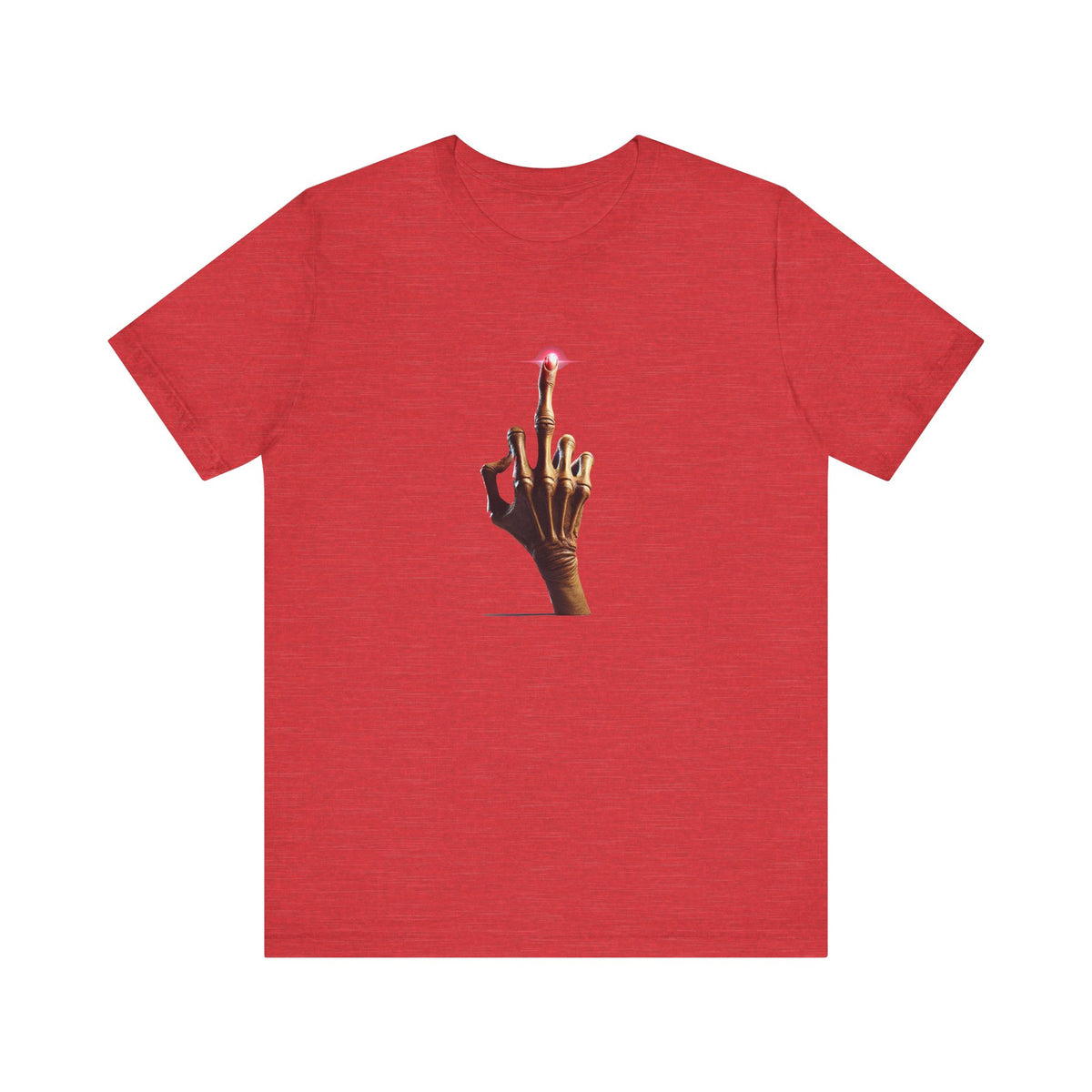 Front view of a red T-shirt featuring an alien hand raising its middle finger with a glowing pink fingertip.