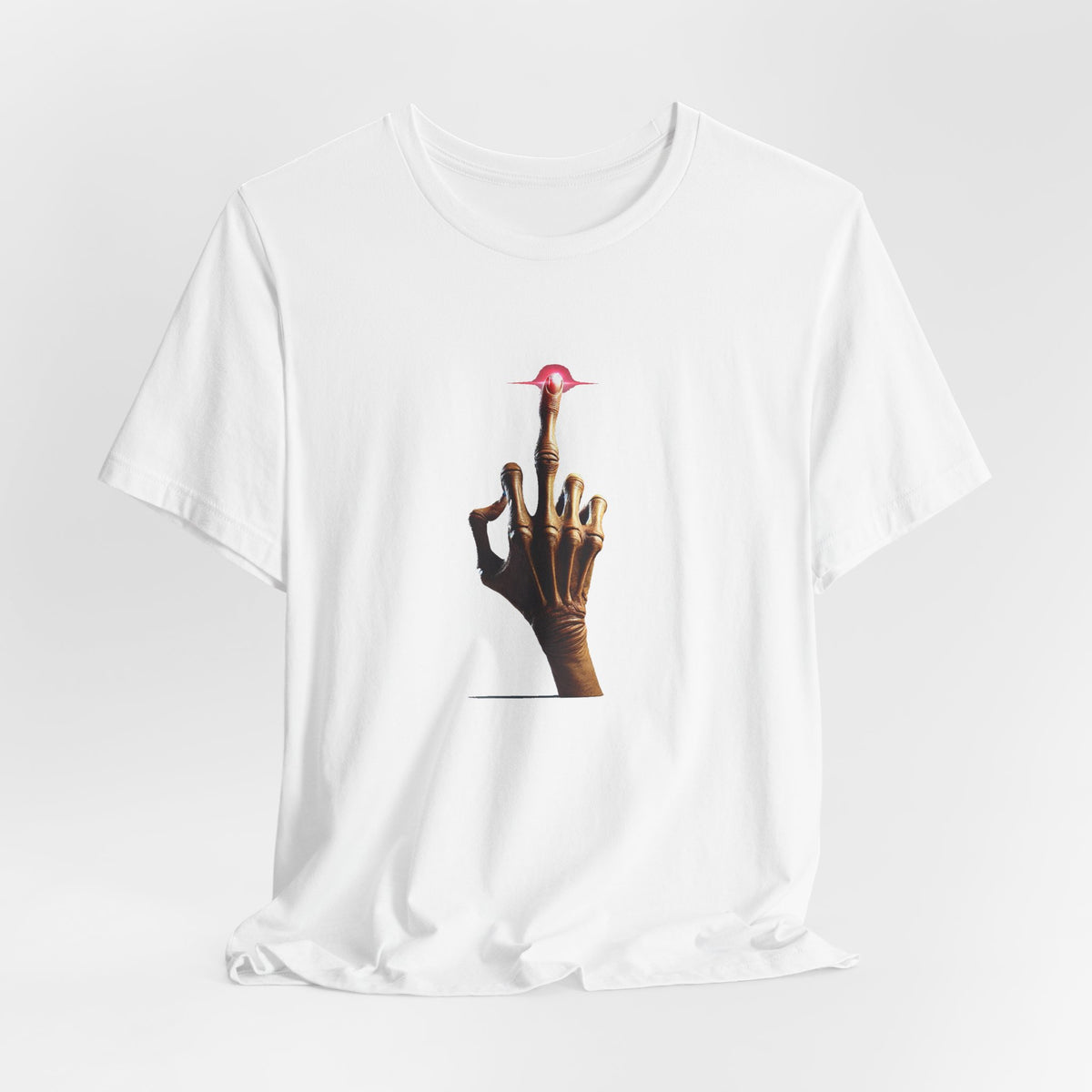 White crewneck T-shirt with a detailed alien hand graphic and raised middle finger on the front.