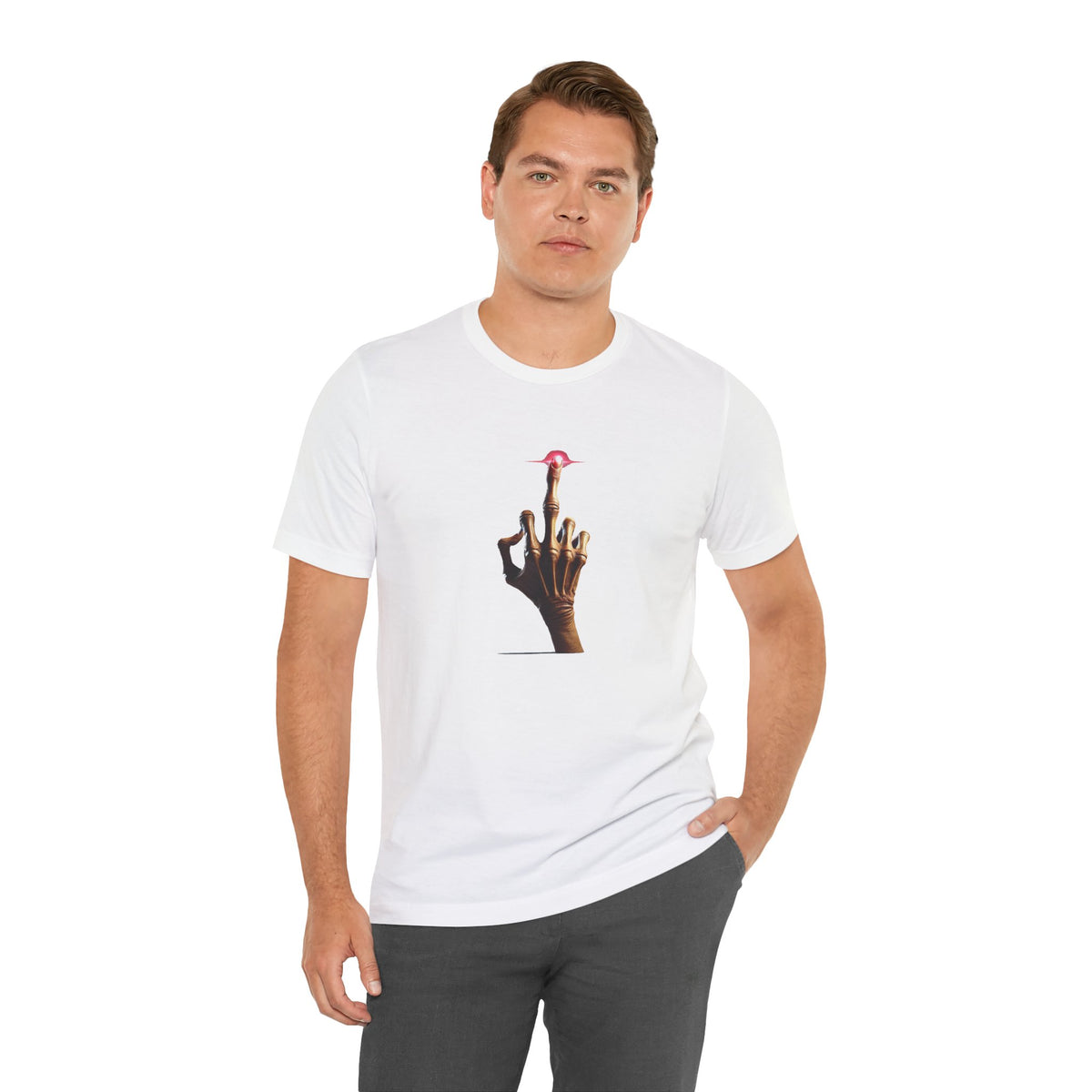 Man modeling a white alien middle finger T-shirt with a centered hand graphic and pink fingertip.