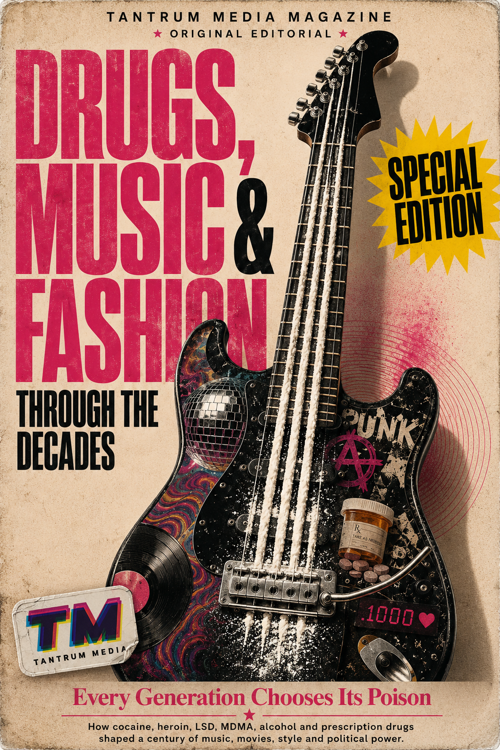 Abstract editorial cover for Every Generation Chooses Its Poison, featuring a black electric guitar with cocaine-inspired strings, distressed pink and cream textures, and a Tantrum Media sticker logo.