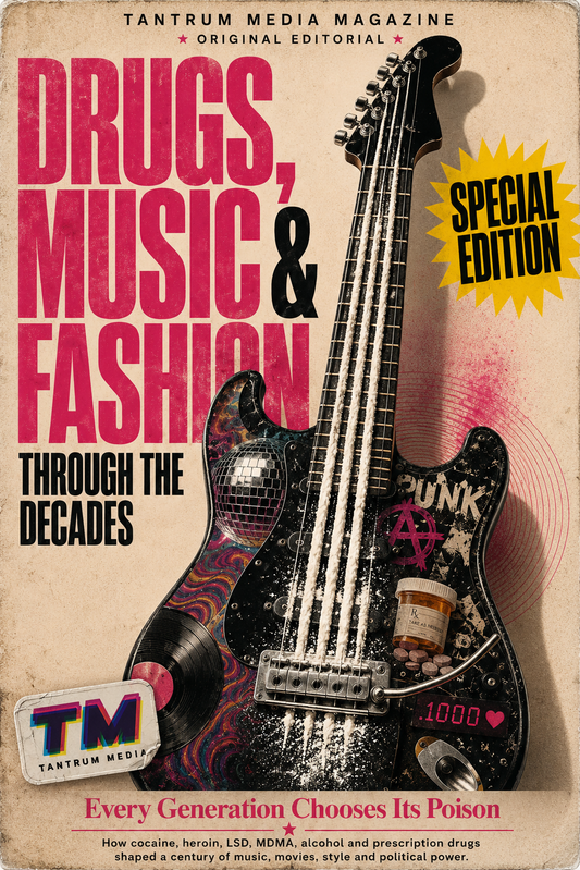 Abstract editorial cover for Every Generation Chooses Its Poison, featuring a black electric guitar with cocaine-inspired strings, distressed pink and cream textures, and a Tantrum Media sticker logo.