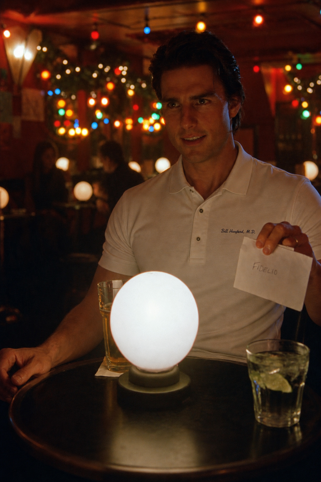 Eyes Wide Shut inspired cinematic scene with man wearing white polo Bill Harford M.D reference moody lighting film aesthetic