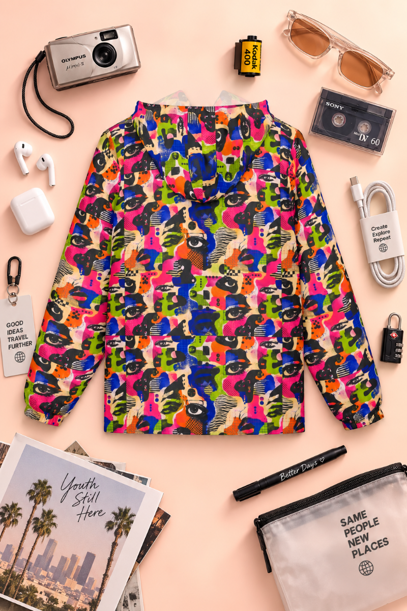 Face Static adversarial windbreaker back view flat lay with retro camera and tech accessories