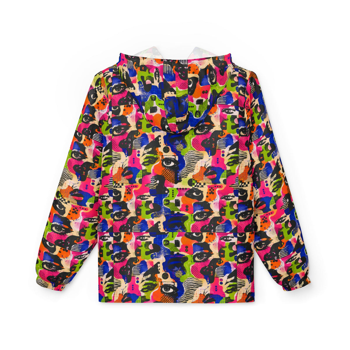 Face Static adversarial windbreaker back view with colorful abstract face collage pattern