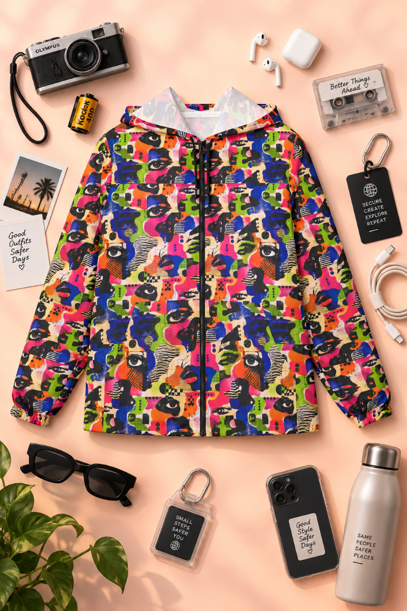 Face Static colorful adversarial windbreaker front flat lay with retro tech accessories