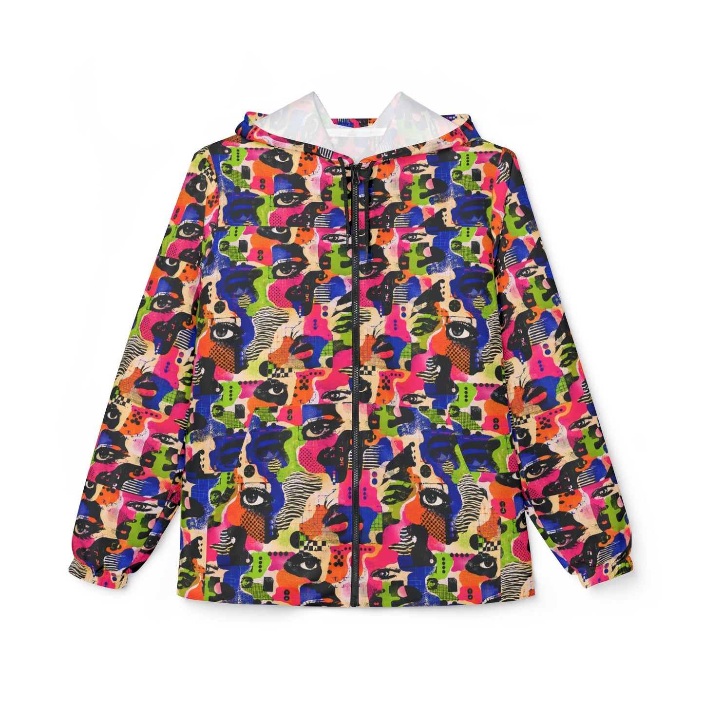 Face Static adversarial windbreaker front view with colorful abstract face collage print