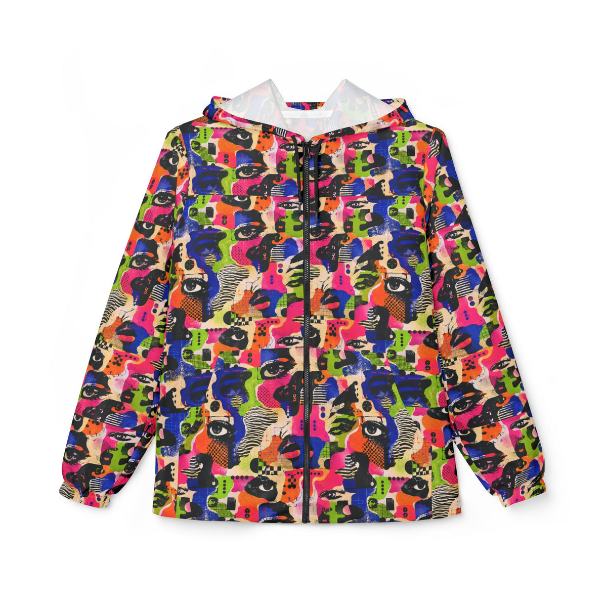 Face Static adversarial windbreaker front view with colorful abstract face collage print