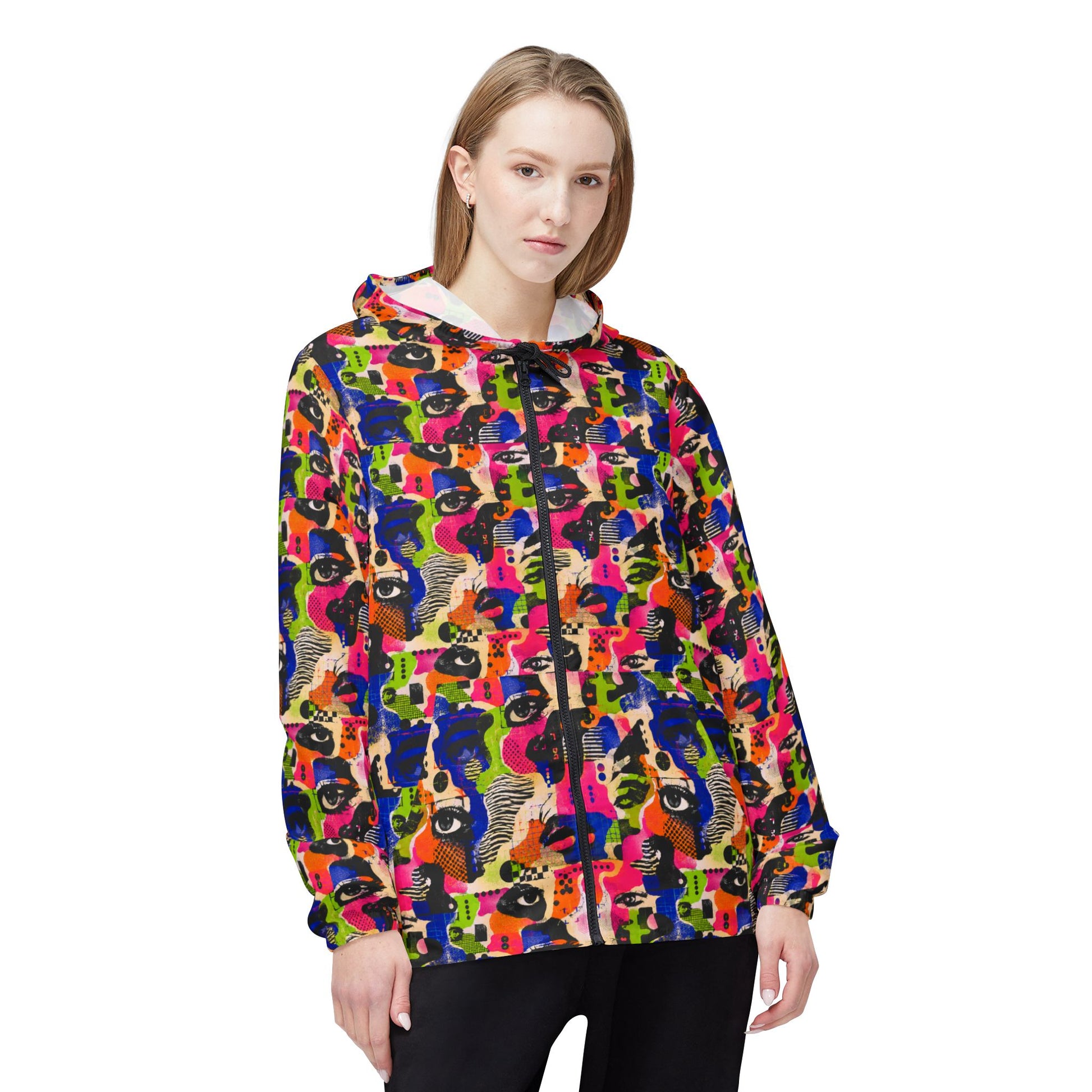 Female model wearing Face Static colorful graphic adversarial windbreaker