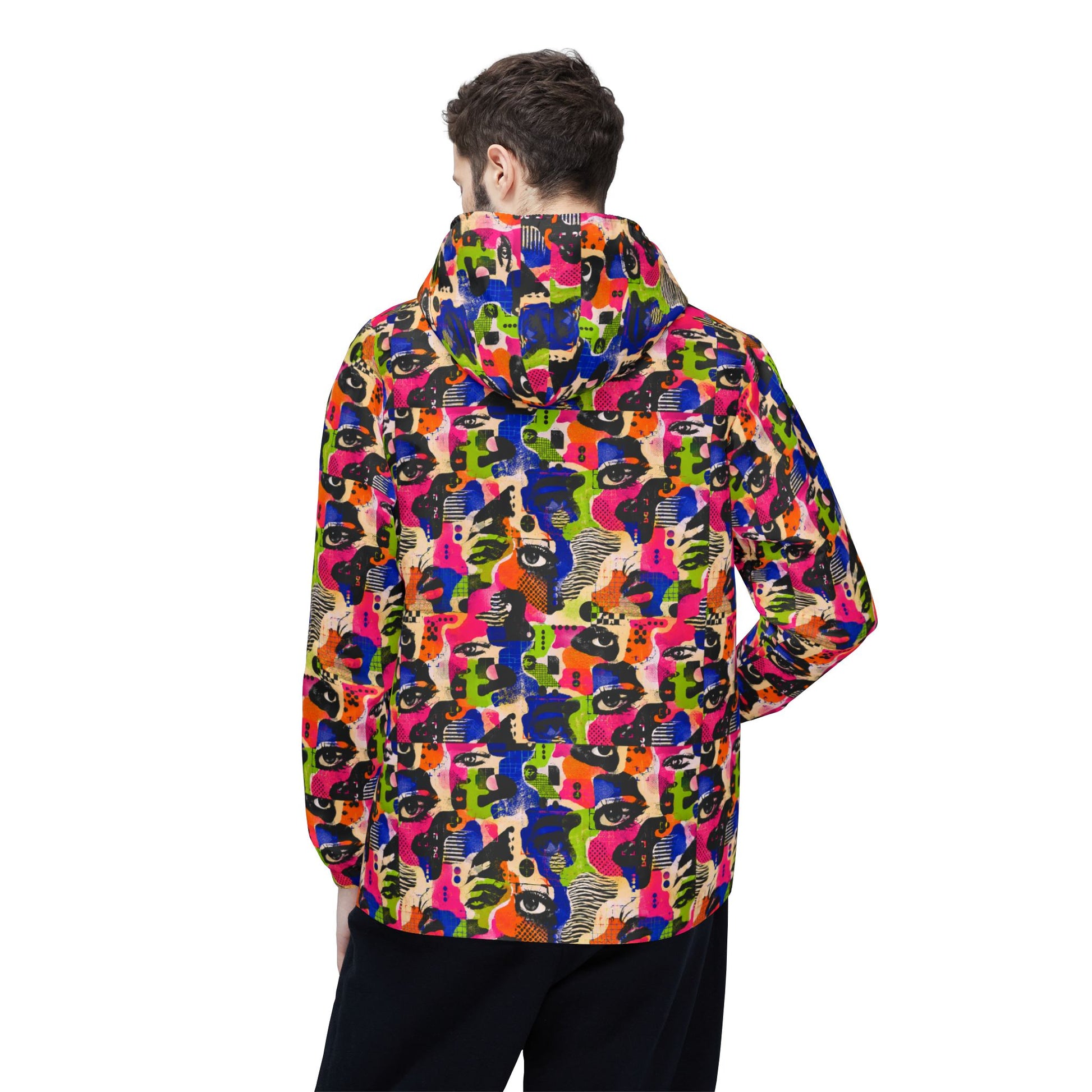 Male model wearing Face Static colorful techwear windbreaker back view