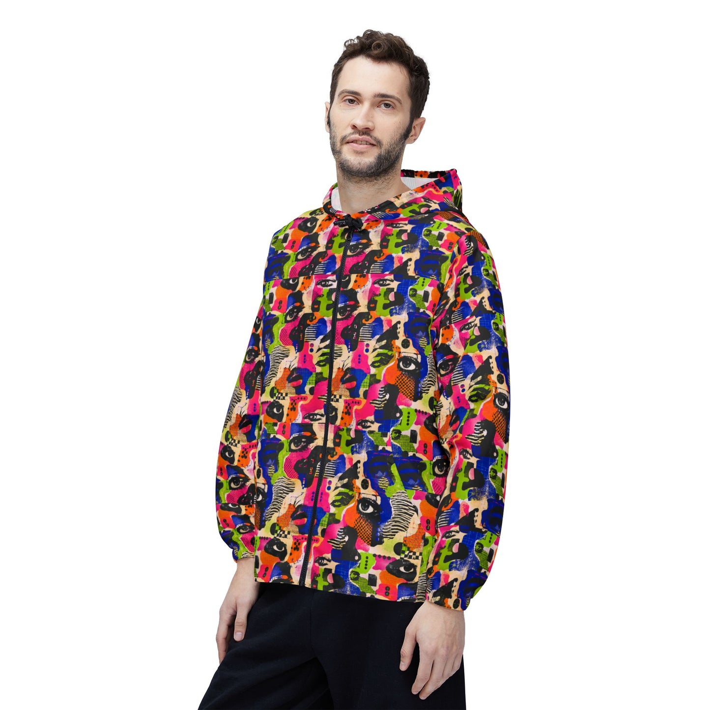 Male model wearing Face Static unisex adversarial windbreaker with colorful collage print