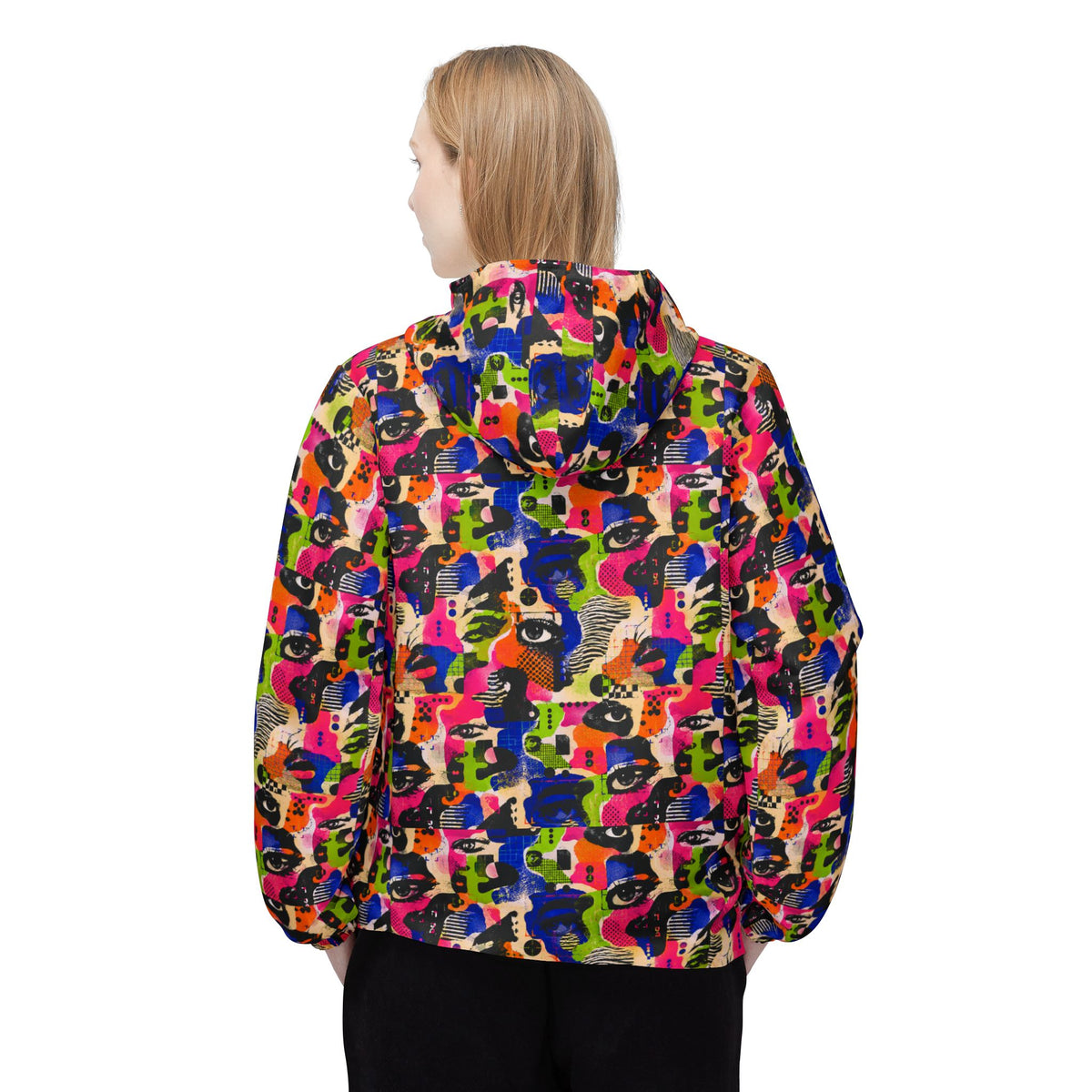 Female model wearing Face Static graphic windbreaker back view