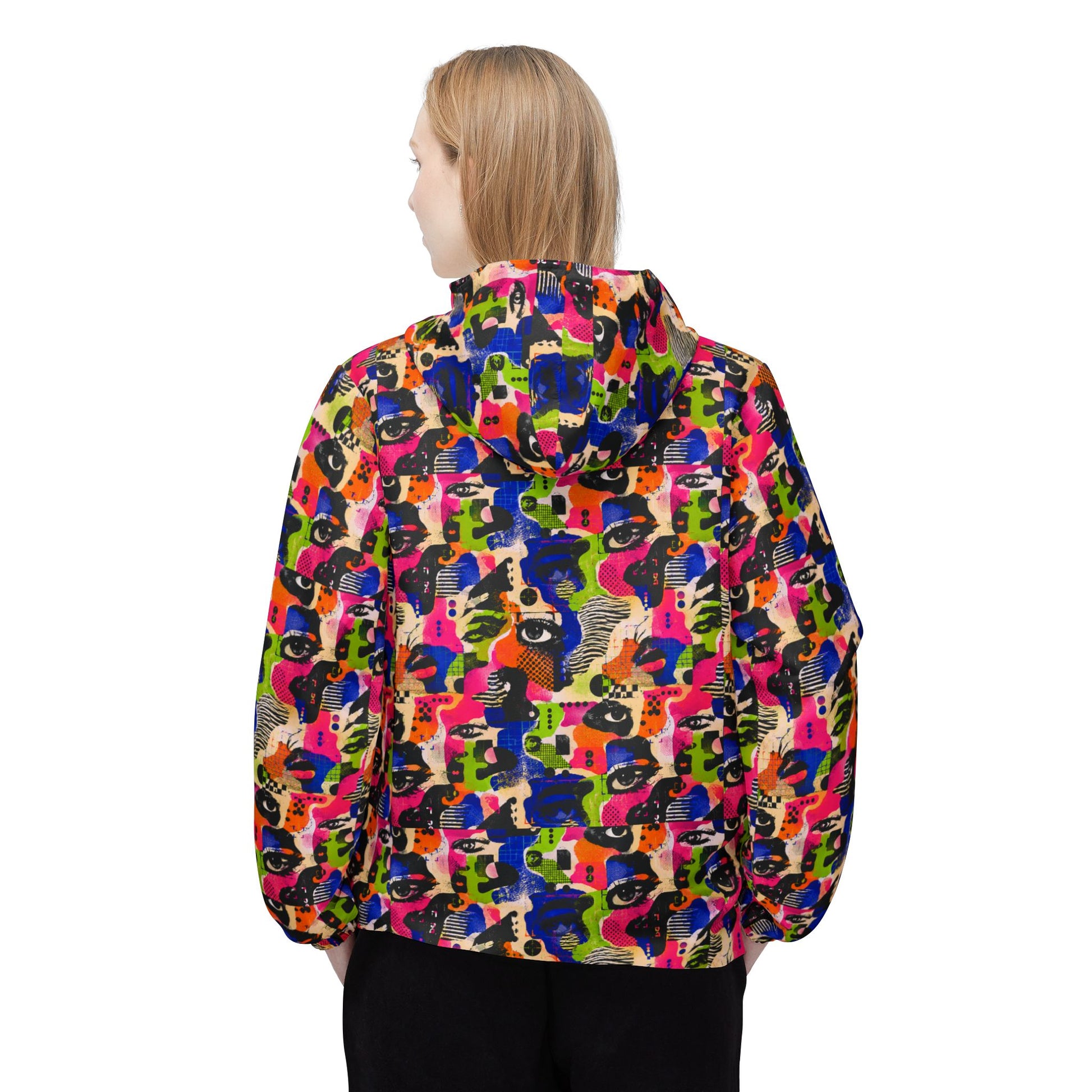 Female model wearing Face Static graphic windbreaker back view