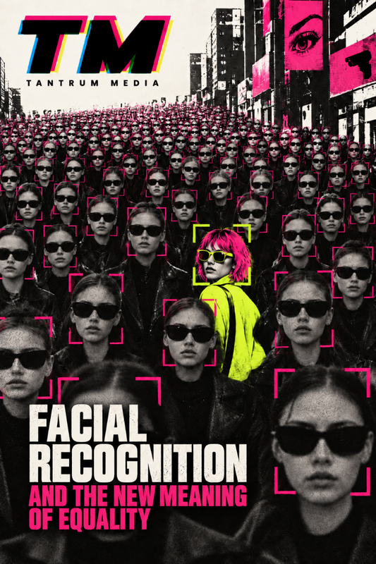 Facial Recognition and the New Meaning of Equality Tantrum Media editorial cover featuring a crowd with similar faces and facial recognition tracking