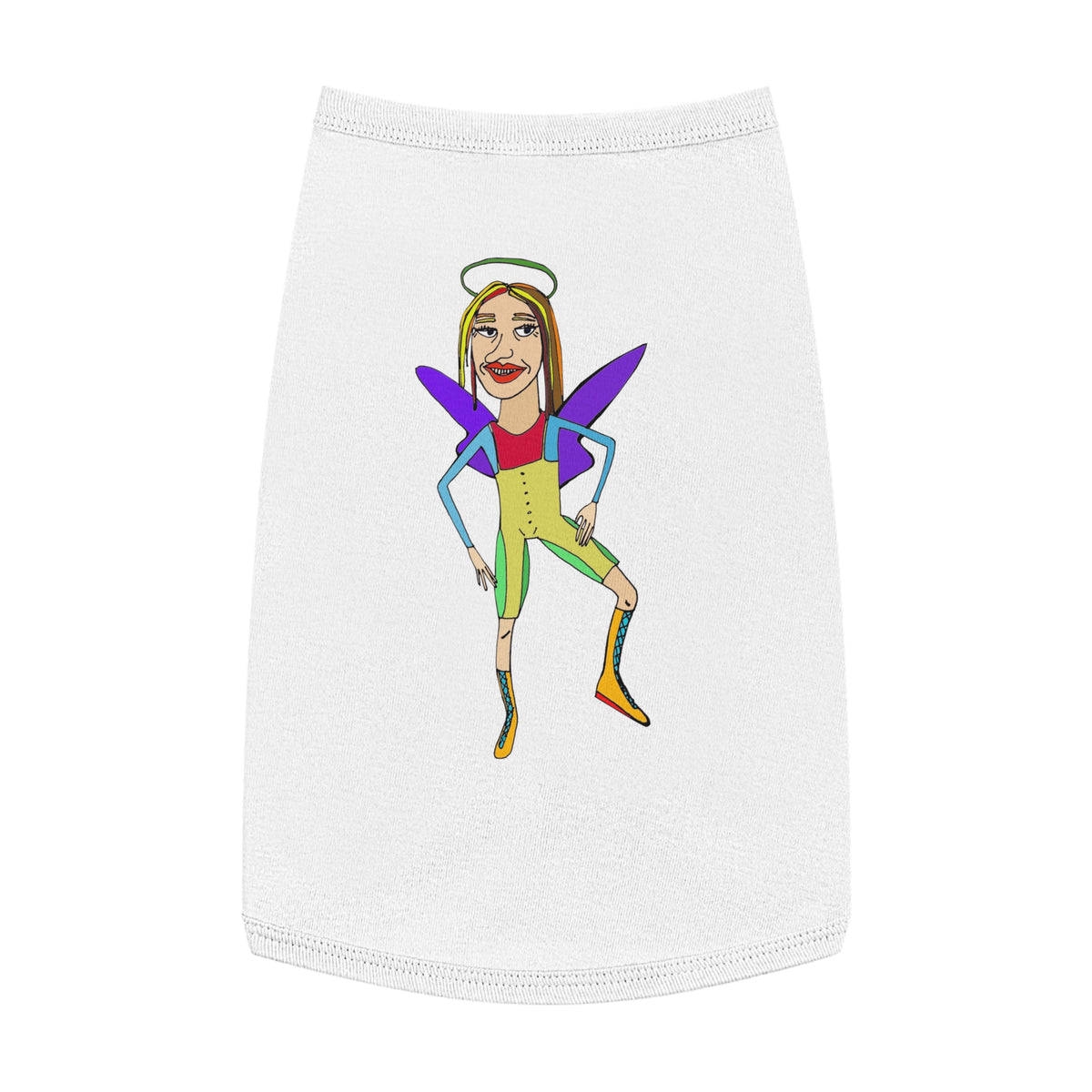 White dog T-shirt featuring colorful fairy character back graphic