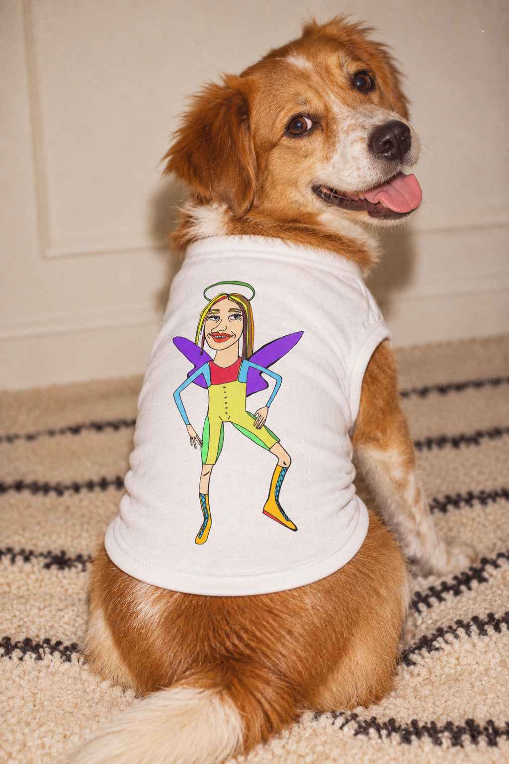 Dog wearing white fairy graphic pet T-shirt, back view lifestyle mockup