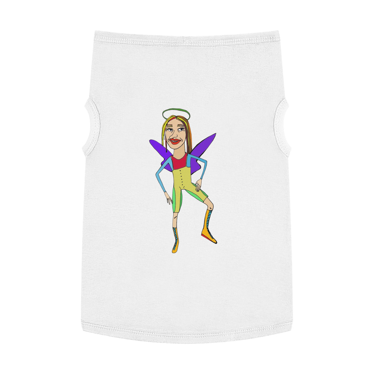 White pet T-shirt with colorful illustrated fairy graphic on back